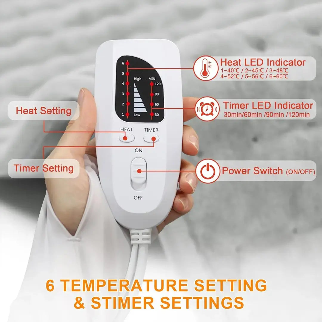 Electric Heated Blanket with 6 Heat Settings & 4 Timer Modes | Fast Heating Machine Washable Heating Pad for Pain Relief
