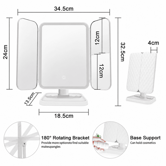 LED Tri-Fold Vanity Makeup Mirror with 180° Rotation & Storage Base