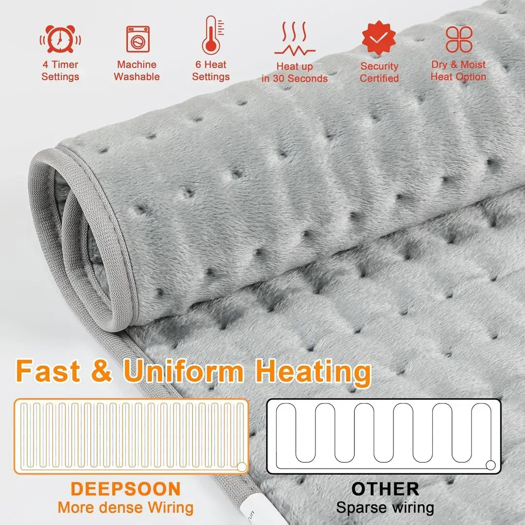 Electric Heated Blanket with 6 Heat Settings & 4 Timer Modes | Fast Heating Machine Washable Heating Pad for Pain Relief