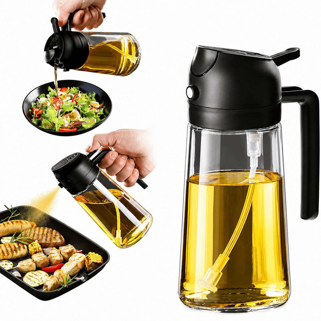 2-in-1 Premium Glass Oil Sprayer & Dispenser Bottle – Fine Mist Spray & Controlled Pour for Cooking, Air Fryer & Salads