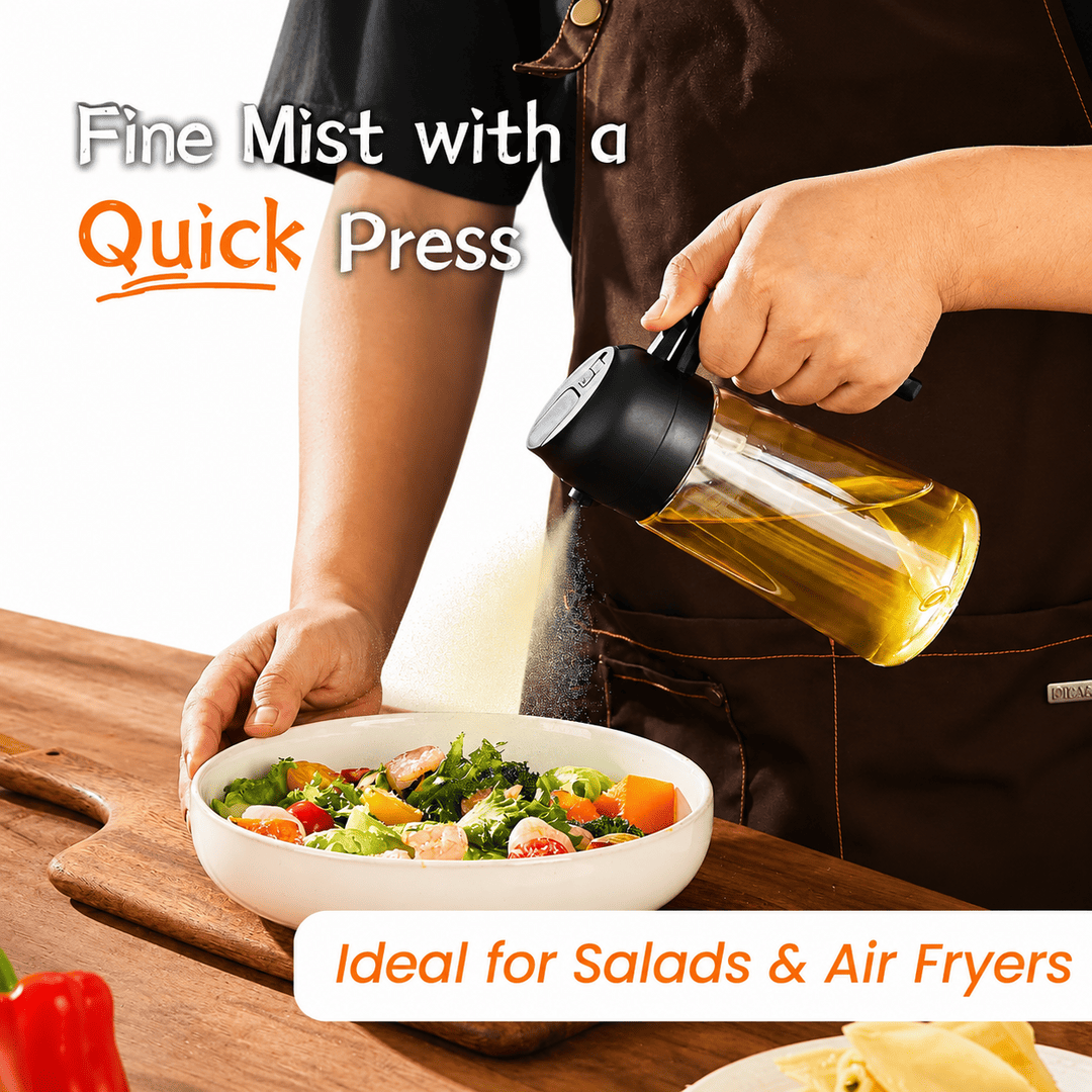 2-in-1 Premium Glass Oil Sprayer & Dispenser Bottle – Fine Mist Spray & Controlled Pour for Cooking, Air Fryer & Salads
