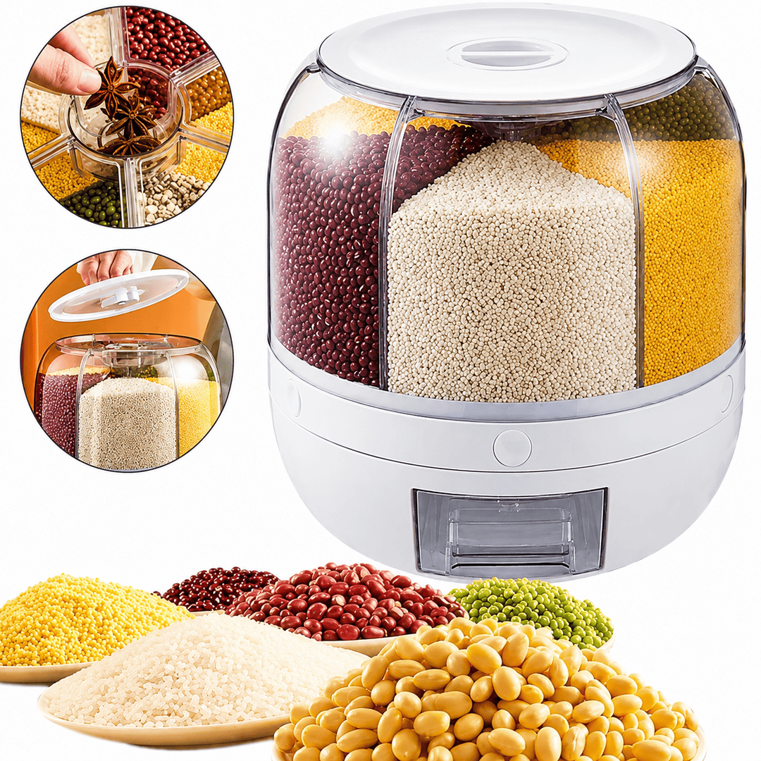 Multi-Section Rotating Dry Food Storage Container | Rice, Beans & Grain Dispenser