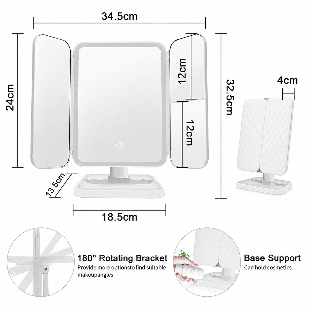 LED Tri-Fold Vanity Makeup Mirror with 180° Rotation & Storage Base
