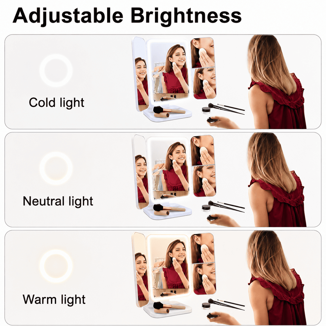 LED Tri-Fold Vanity Makeup Mirror with 180° Rotation & Storage Base