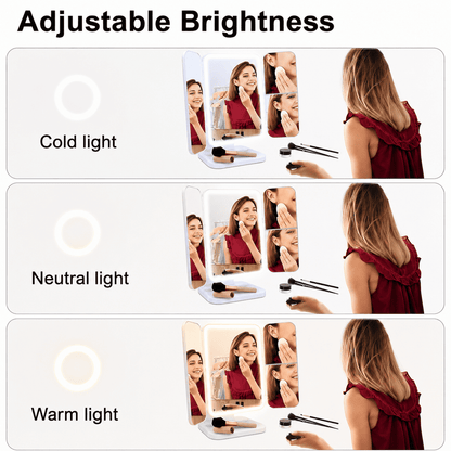 LED Tri-Fold Vanity Makeup Mirror with 180° Rotation & Storage Base