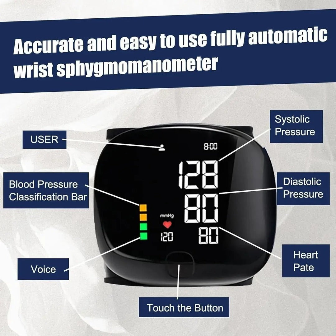 Smart Digital Wrist Blood Pressure Monitor – Automatic BP & Heart Rate Tracker with Large LED Display