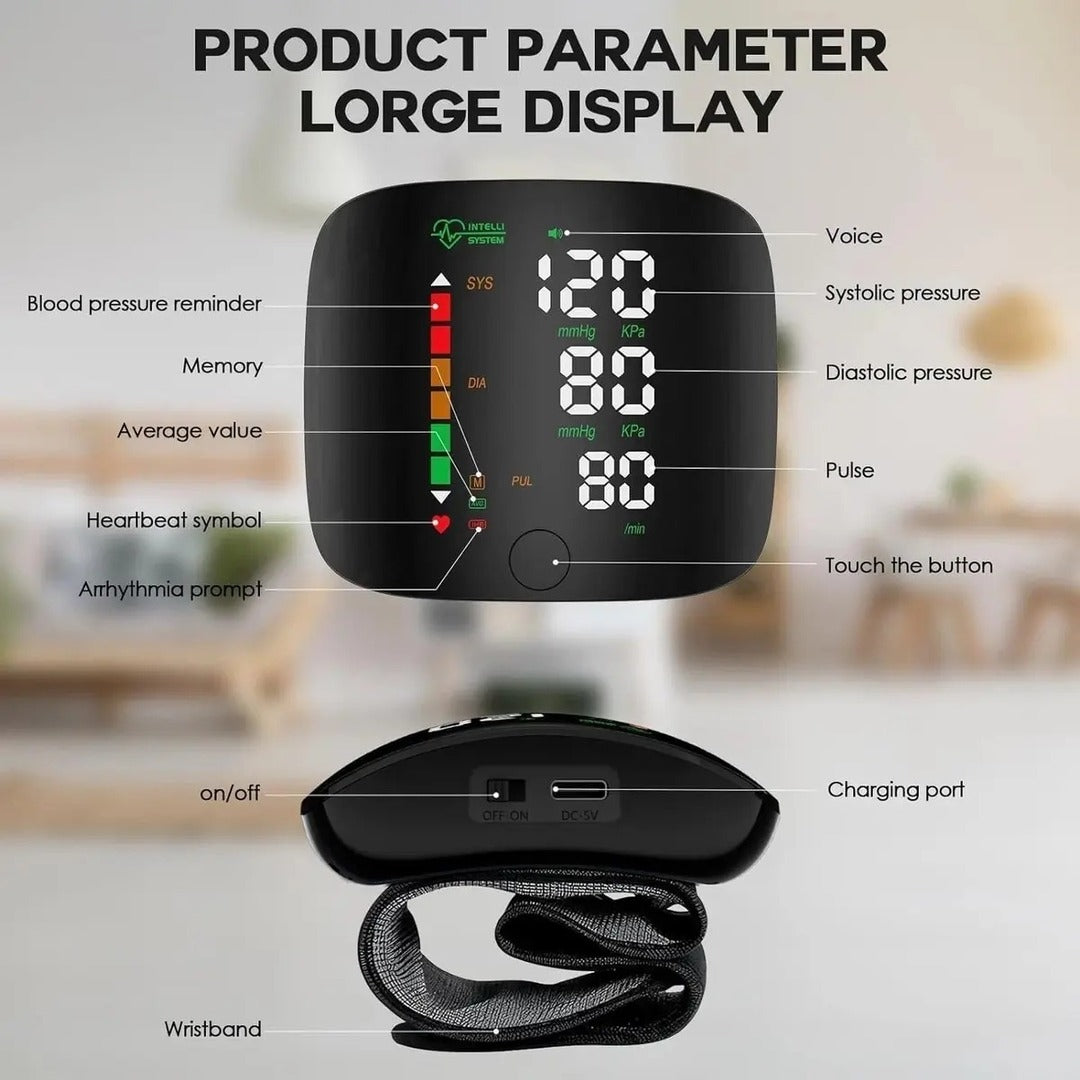 Smart Digital Wrist Blood Pressure Monitor – Automatic BP & Heart Rate Tracker with Large LED Display